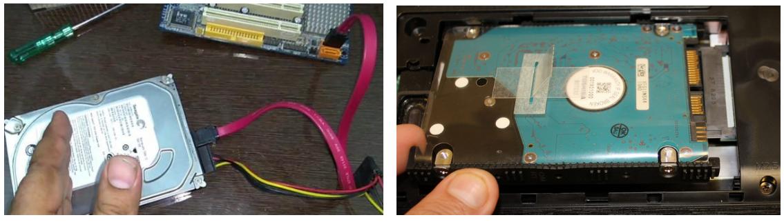 Left: Connecting a SATA Disk Right: Inserting SSD into Laptop